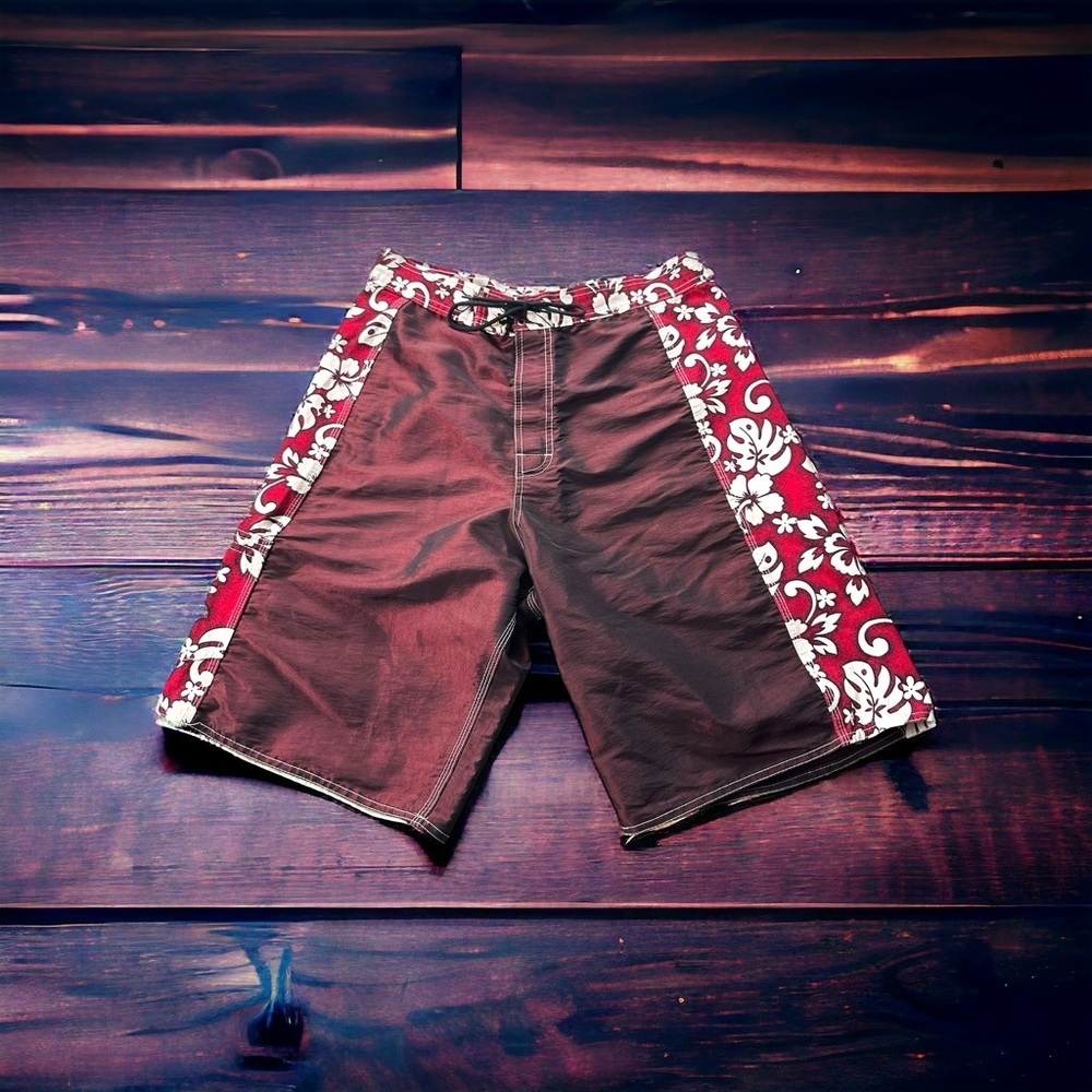 Vtg 1980s Made In Hawaii Metallic Red & Floral Board Shorts Skater Size 38 Aloha